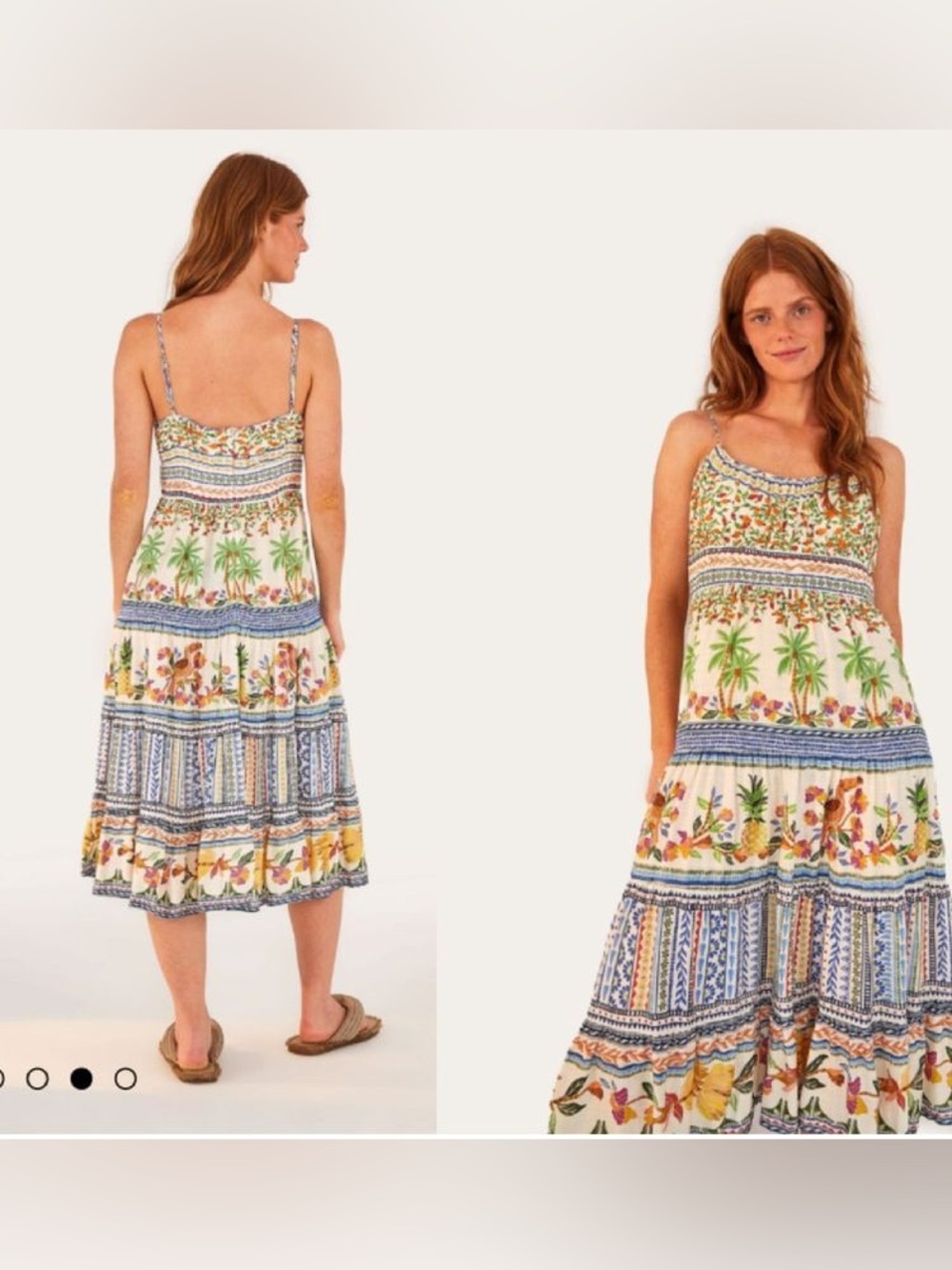 FARM Rio Cream Multi-Color Tiered Tropical Print Midi Dress L